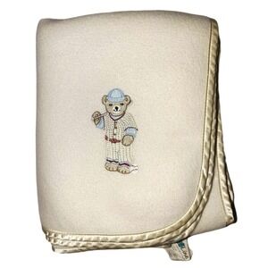 Kids Line Baseball Bear Cream Beige Fleece Baby Blanket Satin Trim HTF 32x42